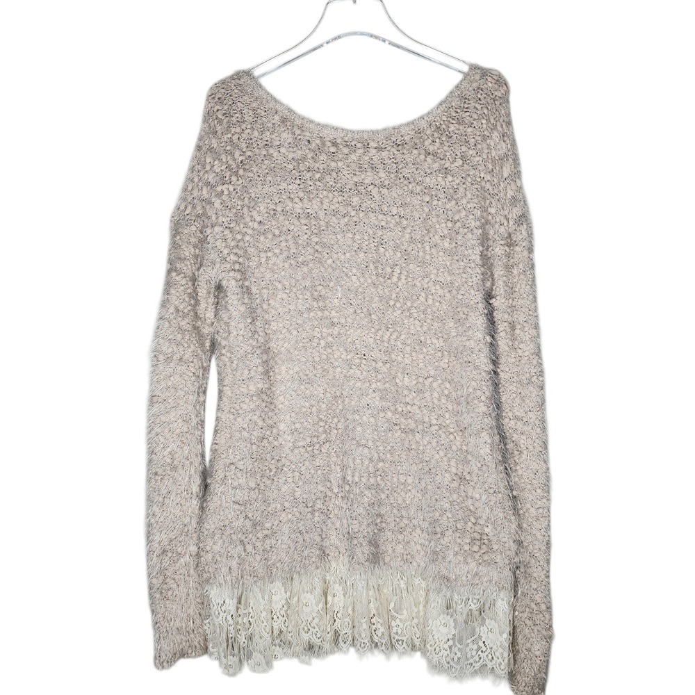 Altar'd State Fuzzy Popcorn Knit Lace Trim Back Bow Tunic Style Sweater Beige ML